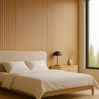 Light oak acoustic wood wall panels in a bedroom for stylish wall décor and sound absorption