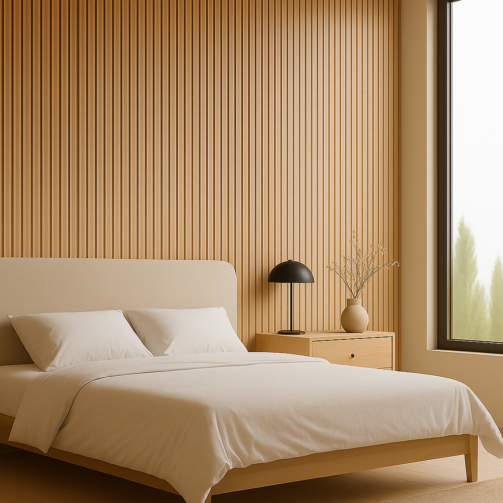 Light oak acoustic wood wall panels in a bedroom for stylish wall décor and sound absorption