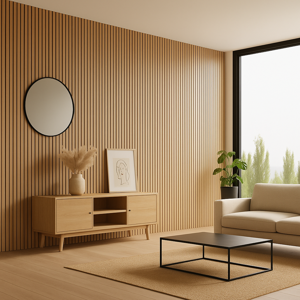 Light oak acoustic wood wall panels in a living room for modern wall design and sound absorption