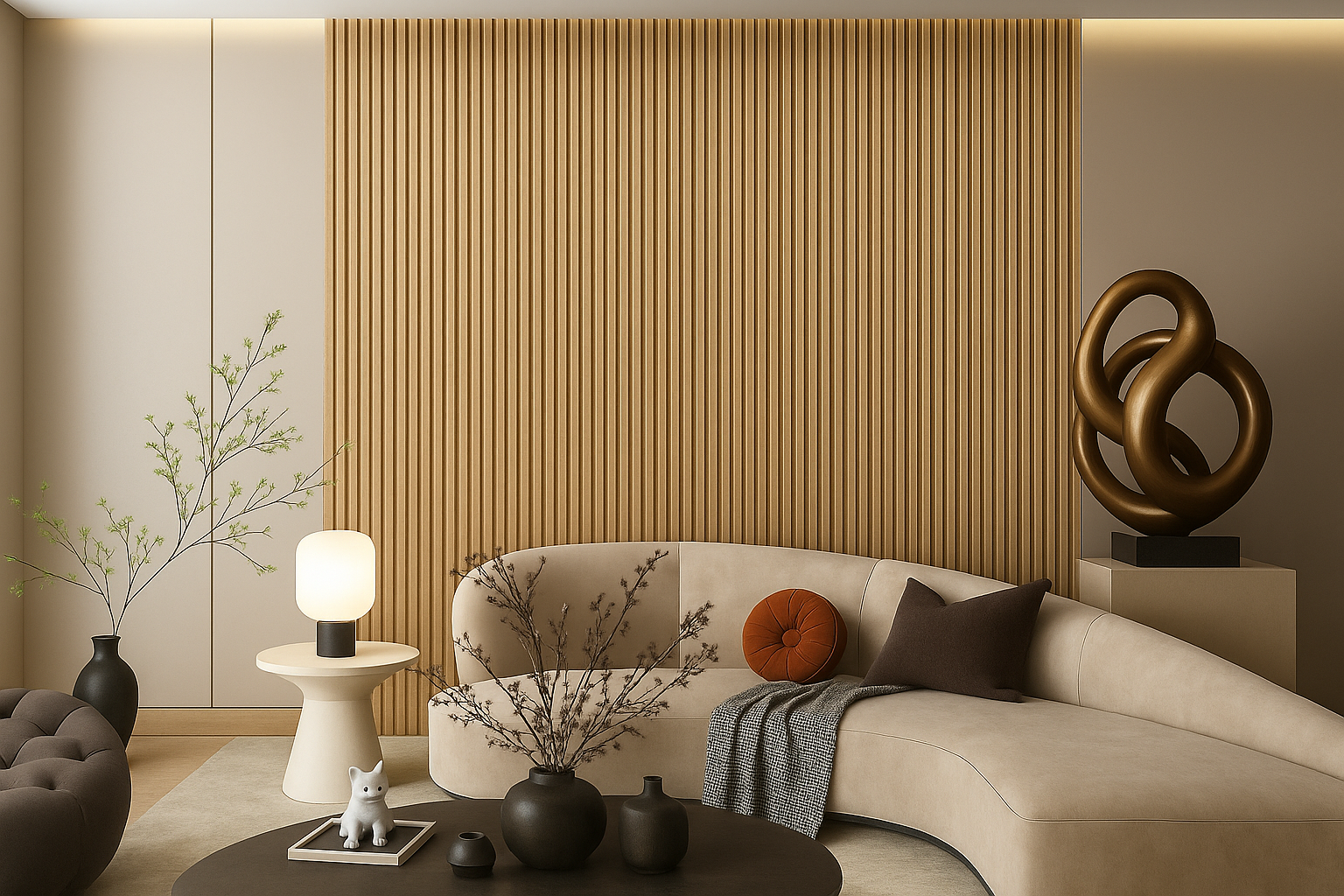 Light oak acoustic wood wall panels in a sitting room for stylish wall décor and sound absorption