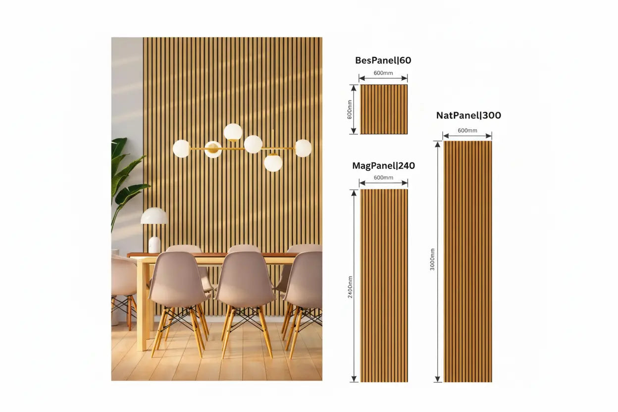 Dining area with wooden paneling and light fixture, featuring panel dimensions on a white background.