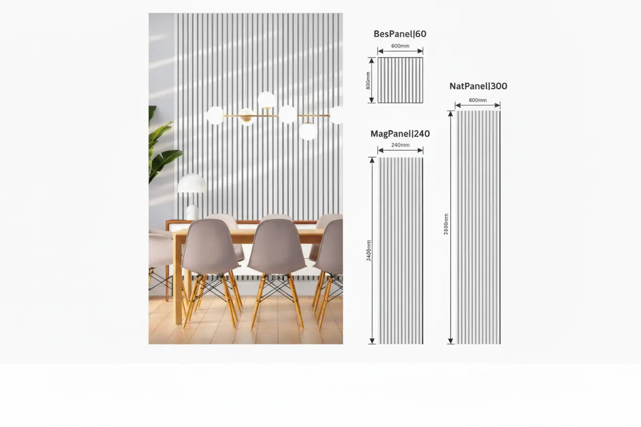 Dining room with a wall panel design and dimensions displayed.